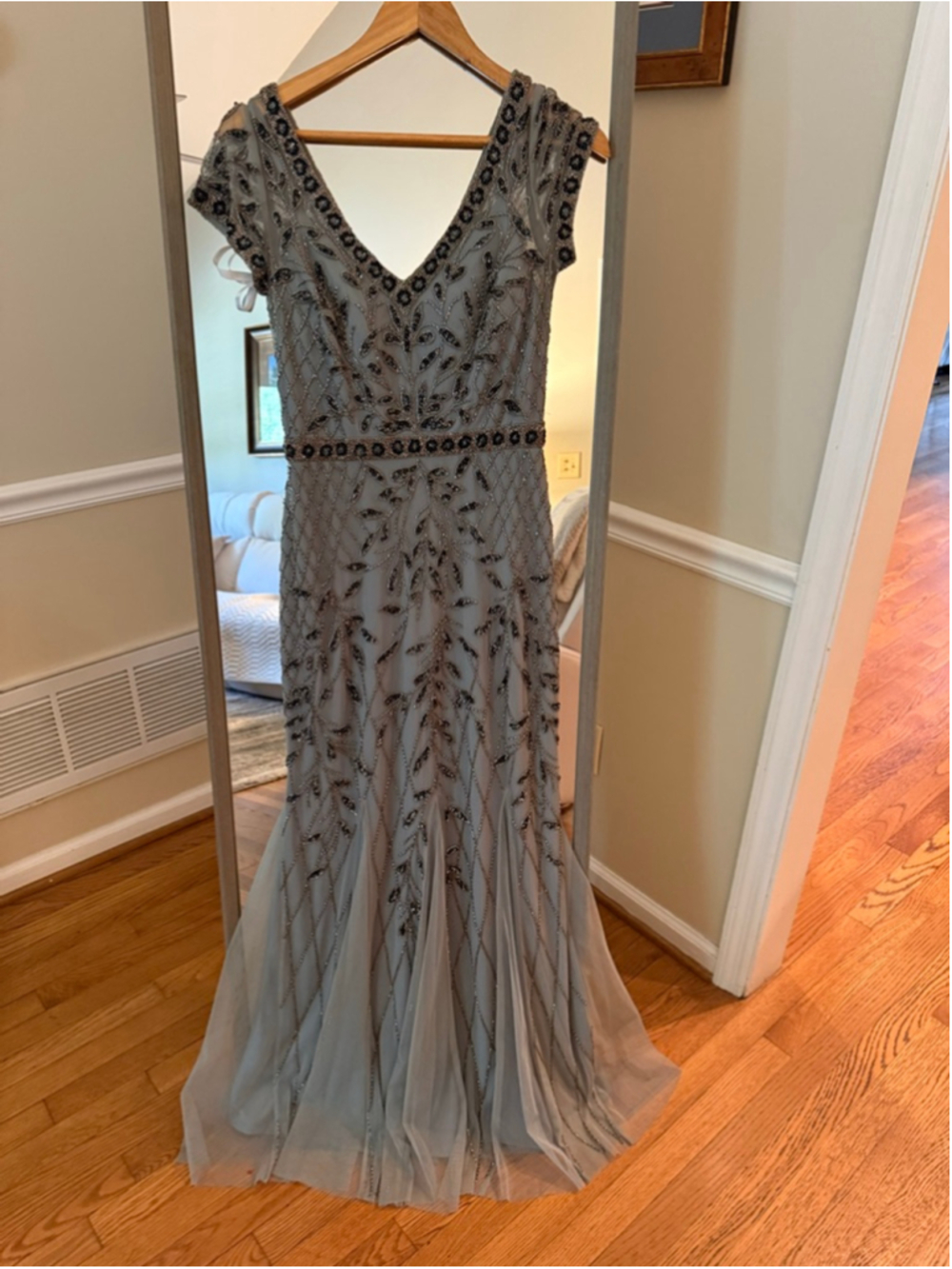 Oleg Cassini Gray Black Beaded Mermaid Gown Size 6